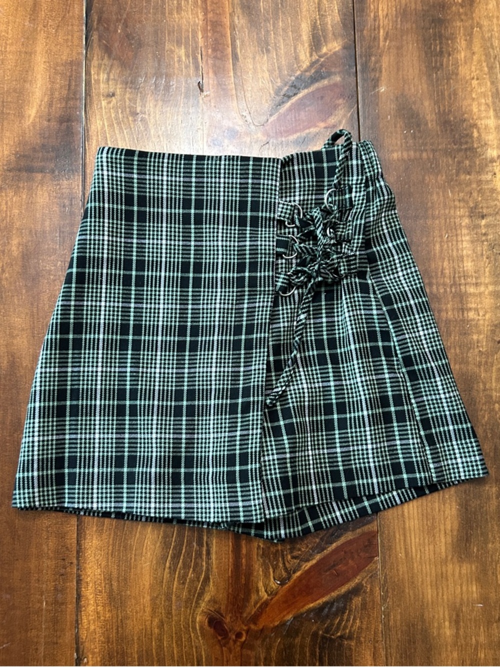Punk Grunge Green and Back plaid mini skirt with corset tie XS Skort
